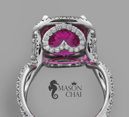 Unique 5.94 carat Pink Tourmaline and Heart Design Diamond Ring